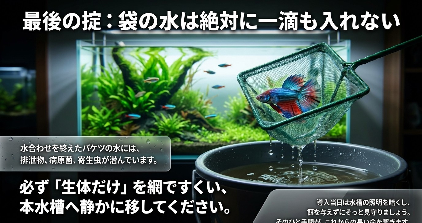 水合わせ後に生体だけを網ですくい、袋やバケツの水を本水槽へ入れない手順