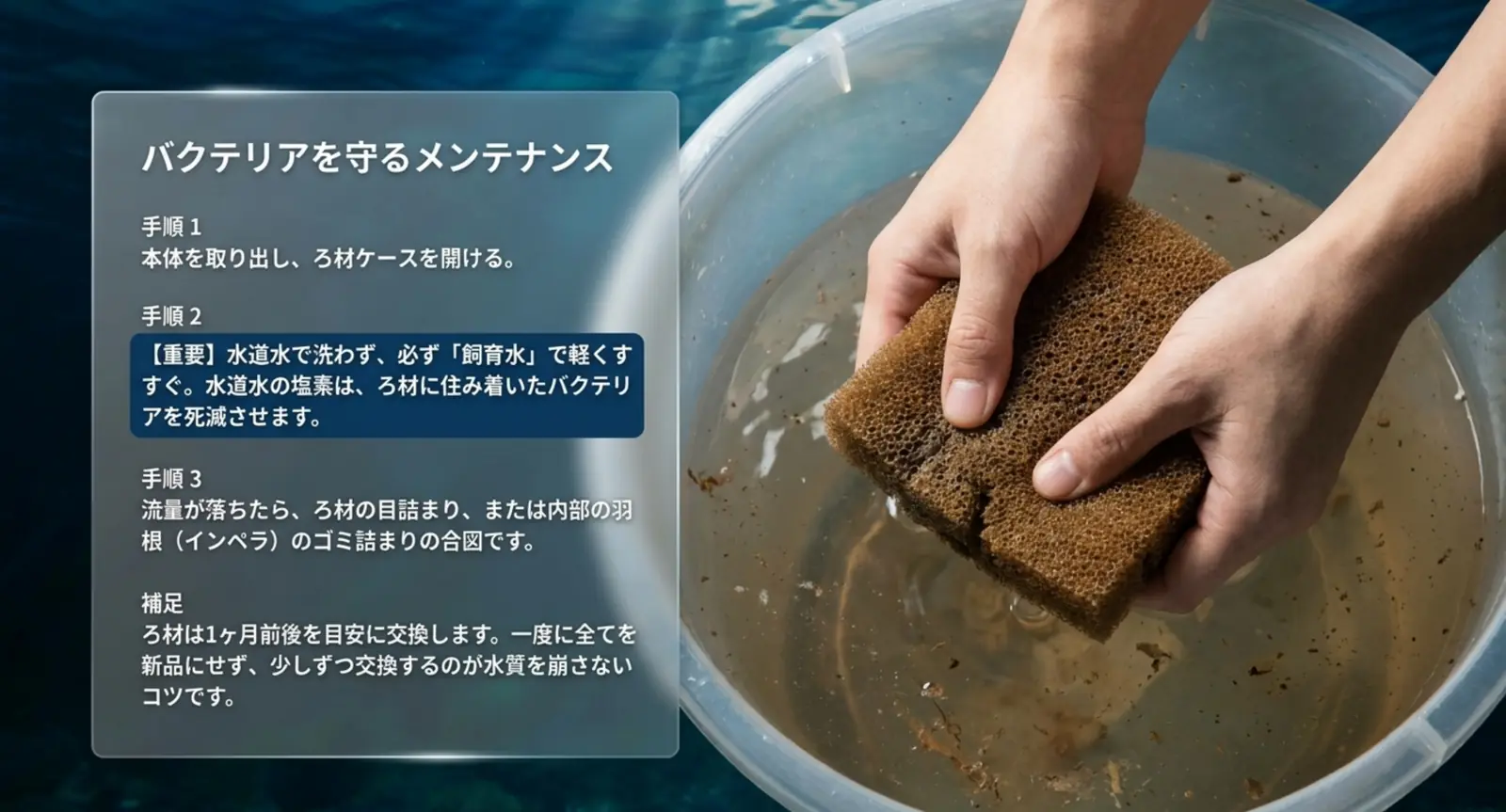 飼育水でろ材を軽くすすぐメンテナンスの様子