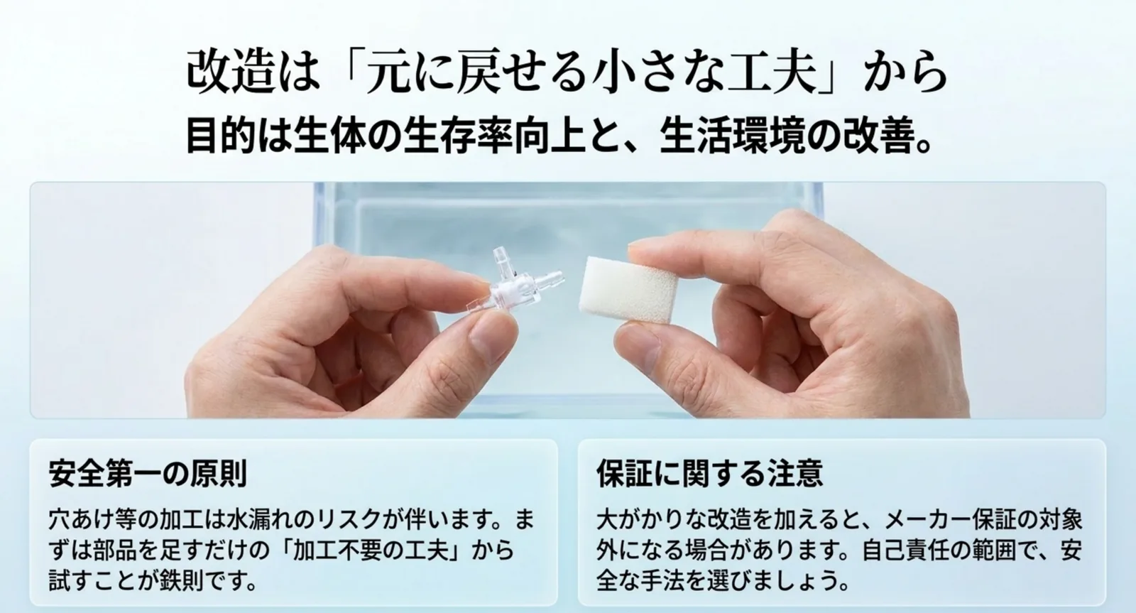 一方コックとスポンジを手に持ち安全な改造を示す様子