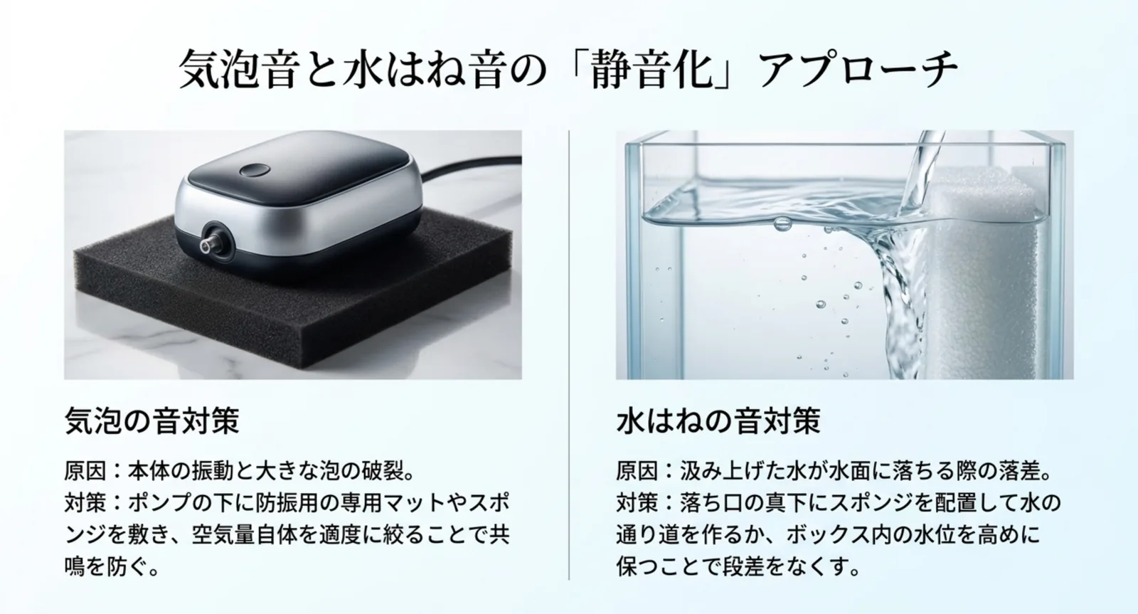 エアーポンプの防振マットと落水部のスポンジで静音化する図