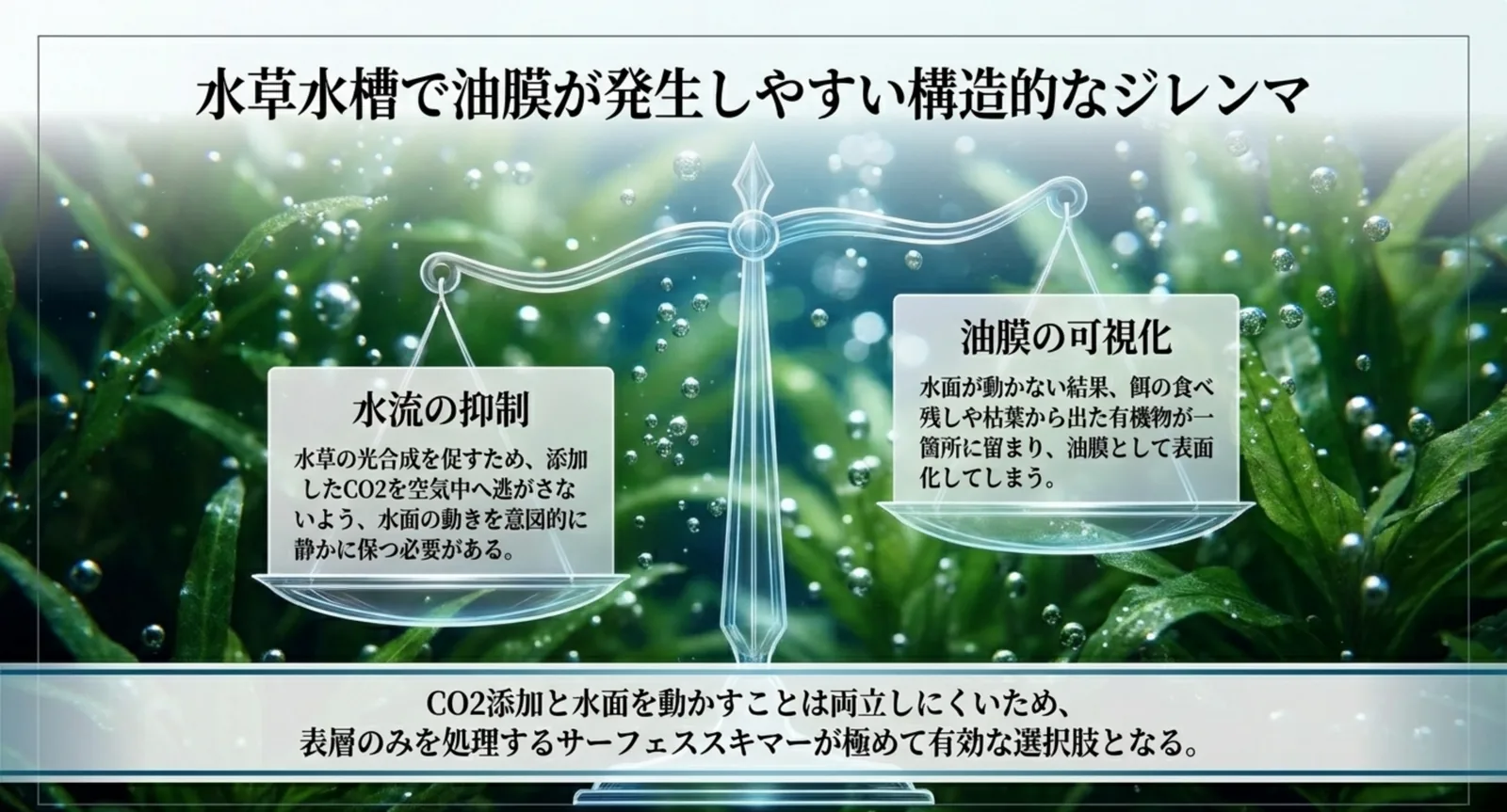 CO2添加で水流を抑える水草水槽で油膜が発生しやすくなる構造を説明した図