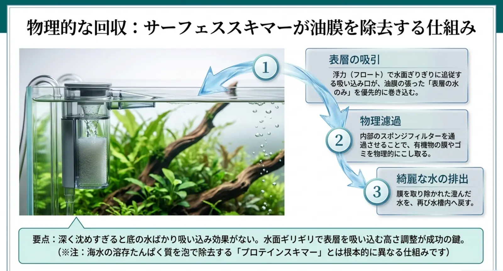 サーフェススキマーが表層の水を吸い込み油膜をこし取って排出する三つのステップの仕組み図