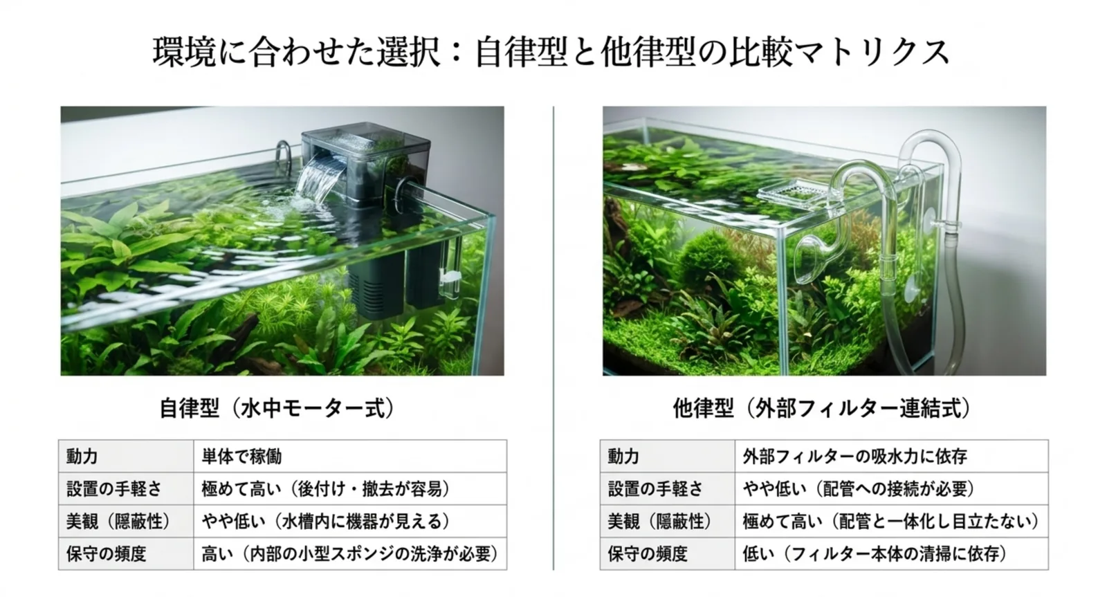 自律型（水中モーター式）と他律型（外部フィルター連結式）のサーフェススキマーの特徴を比較した表