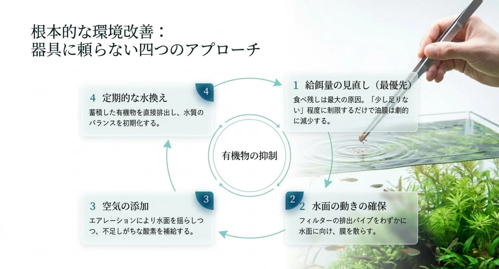 給餌量の見直し・水面の動き・エアレーション・水換えという油膜対策の四つのアプローチを示した図