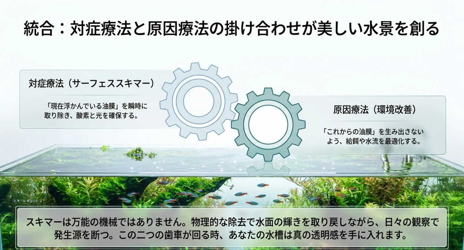 サーフェススキマーによる対症療法と環境改善による原因療法を組み合わせる油膜対策のまとめ図