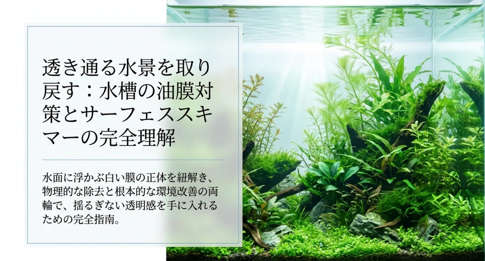 透き通る水草水槽と、水槽の油膜対策・サーフェススキマーを解説する記事のタイトル画像