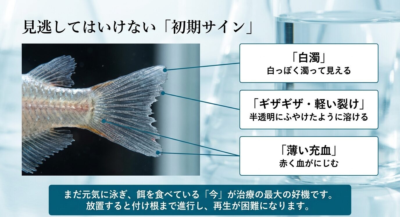 メダカの尾びれに現れる白濁、ギザギザ、薄い充血など尾ぐされ病の初期サインを示す図
