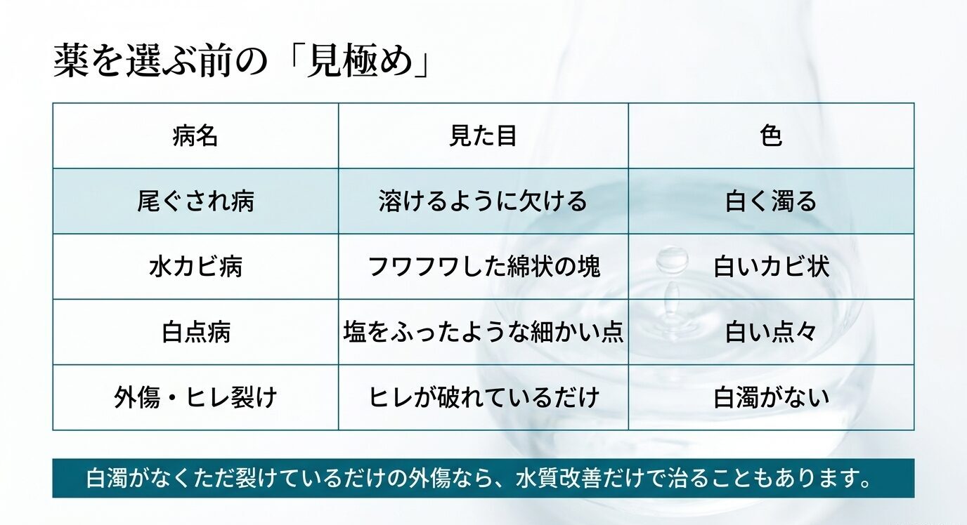 尾ぐされ病、水カビ病、白点病、外傷やヒレ裂けの見た目と色の違いを比較した表