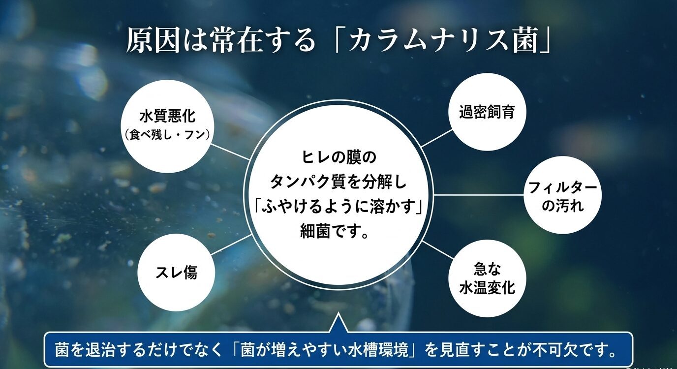 尾ぐされ病の原因となるカラムナリス菌と、水質悪化、過密飼育、スレ傷、フィルター汚れ、急な水温変化の関係を示す図