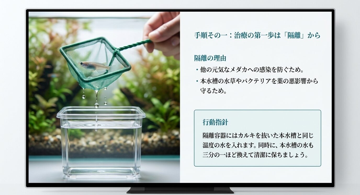 病気が疑われるメダカを網ですくい、隔離容器へ移して治療を始める手順を示す画像