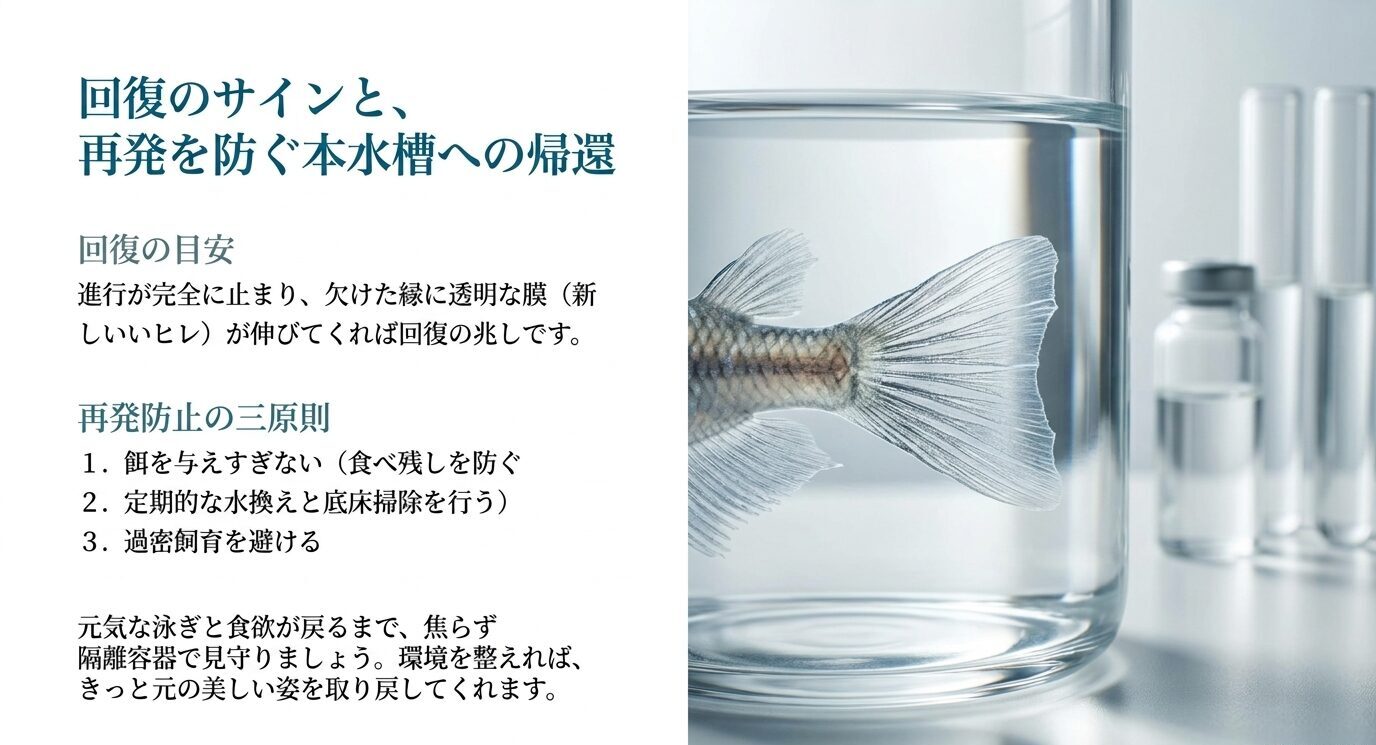 尾ぐされ病の回復サインと、餌の与えすぎ防止、定期的な水換え、過密飼育を避ける再発防止策を示す画像