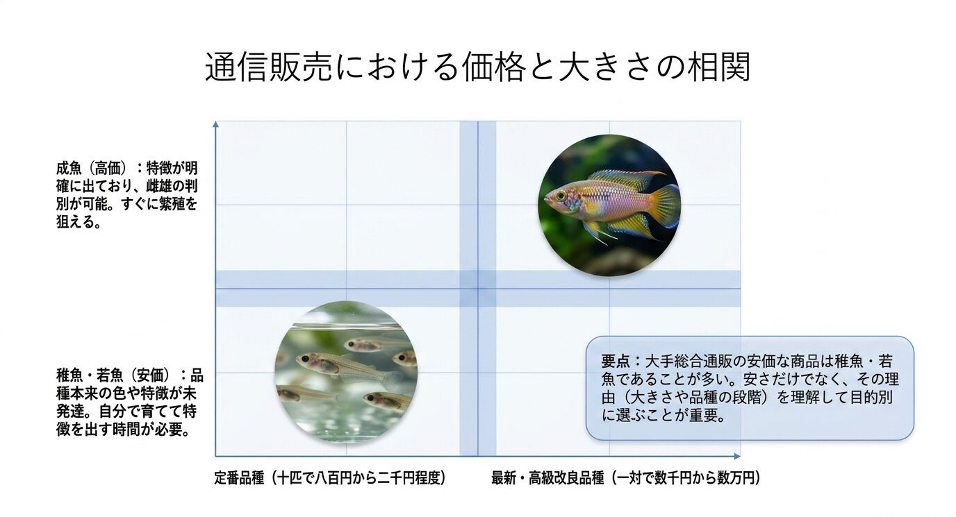 安価な稚魚や若魚から高価な成魚・高級品種まで、通販での価格と大きさの関係を示した図