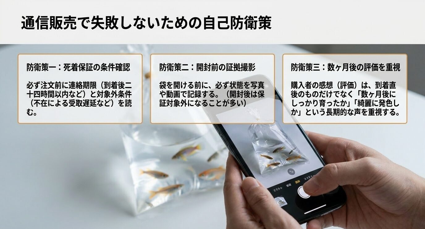 メダカ通販で確認すべき死着保証、開封前の証拠撮影、数か月後の評価をまとめたスライド