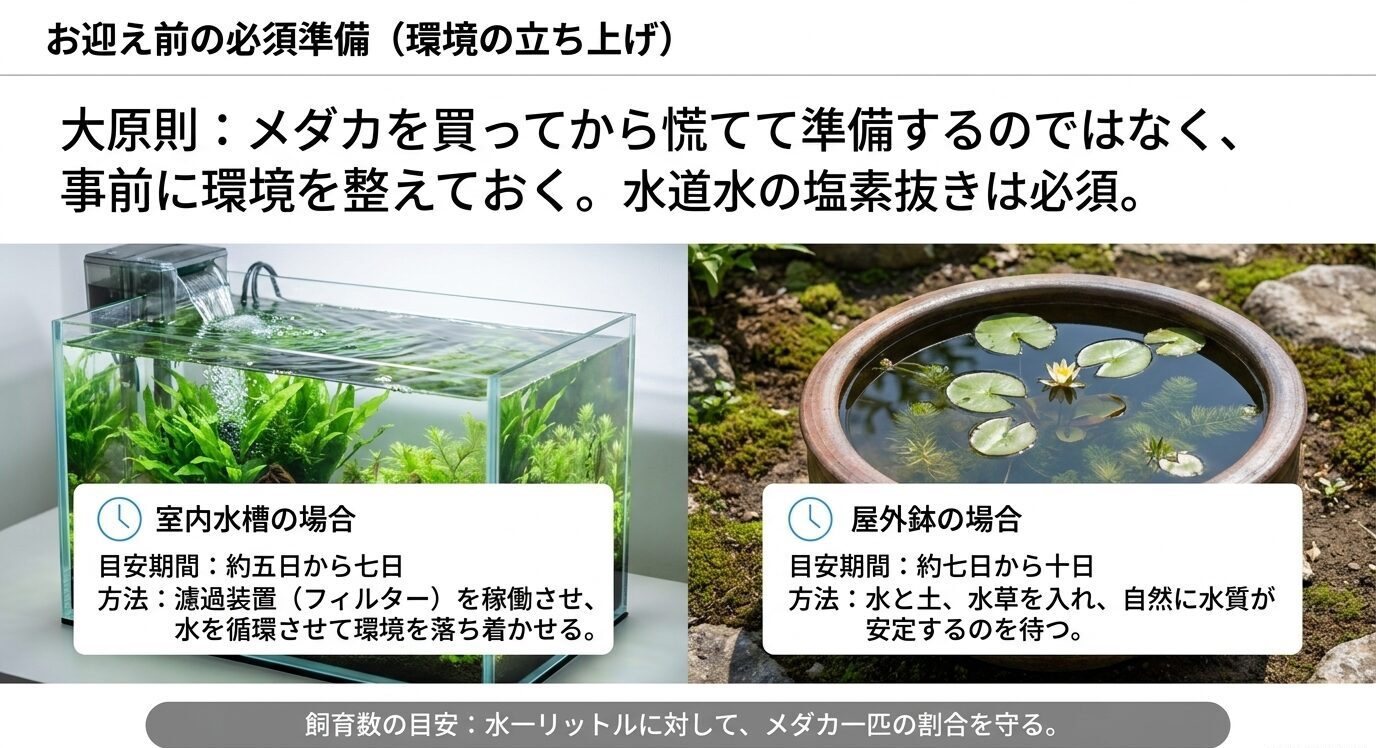 室内水槽と屋外飼育で必要な立ち上げ期間と、水道水の塩素抜きの重要性を示したスライド