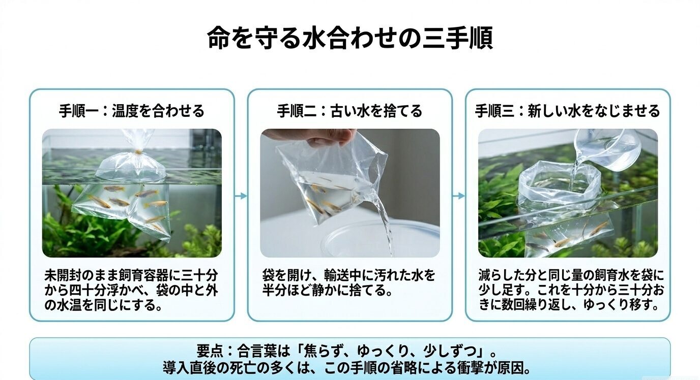 メダカ導入時に行う温度合わせ、輸送水の排出、新しい飼育水をなじませる手順を示したスライド