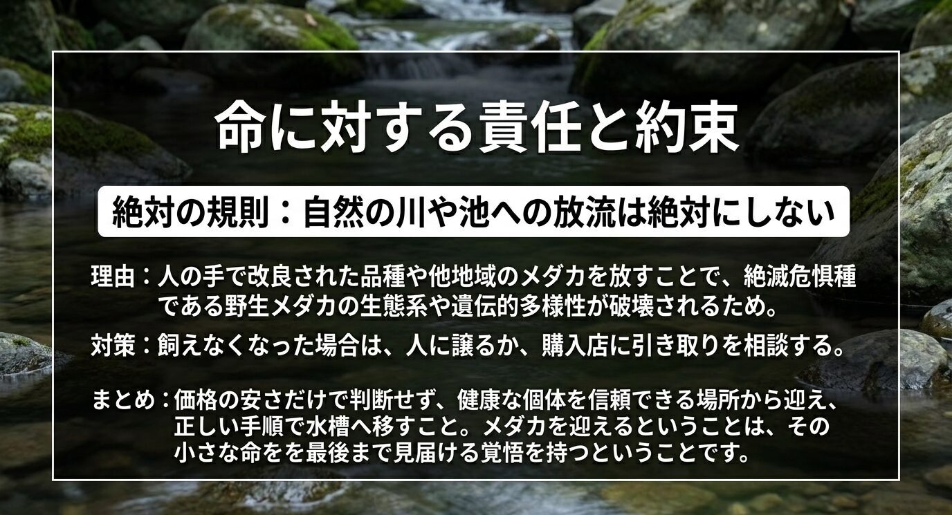 飼えなくなったメダカを自然の川や池へ放流せず、人に譲るか購入店へ相談する大切さを示したスライド