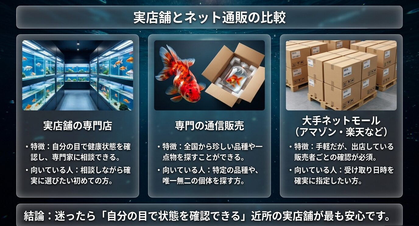 実店舗の専門店、金魚専門通販、Amazonや楽天などの大手ネットモールの特徴と向いている人の比較