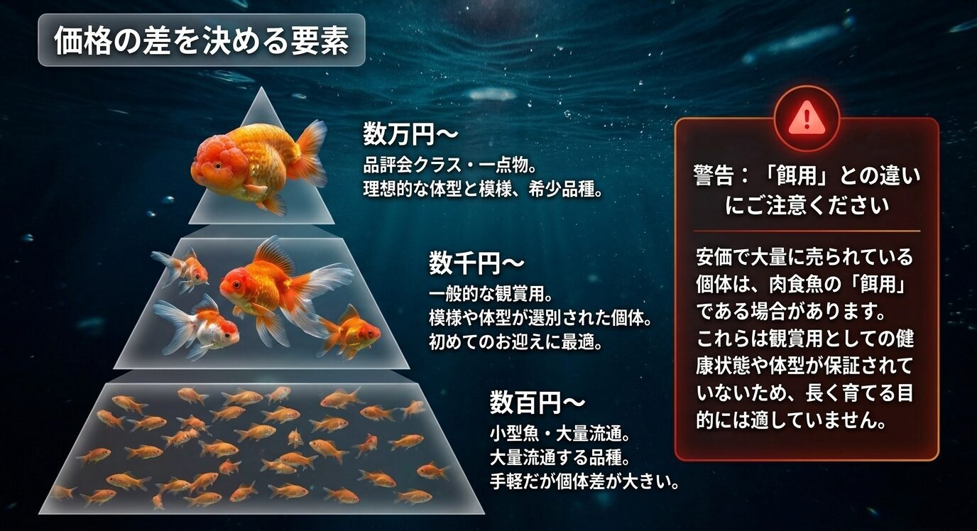 数百円の小型魚、数千円の観賞用金魚、数万円以上の品評会魚や一点物という価格帯と餌用金魚への注意