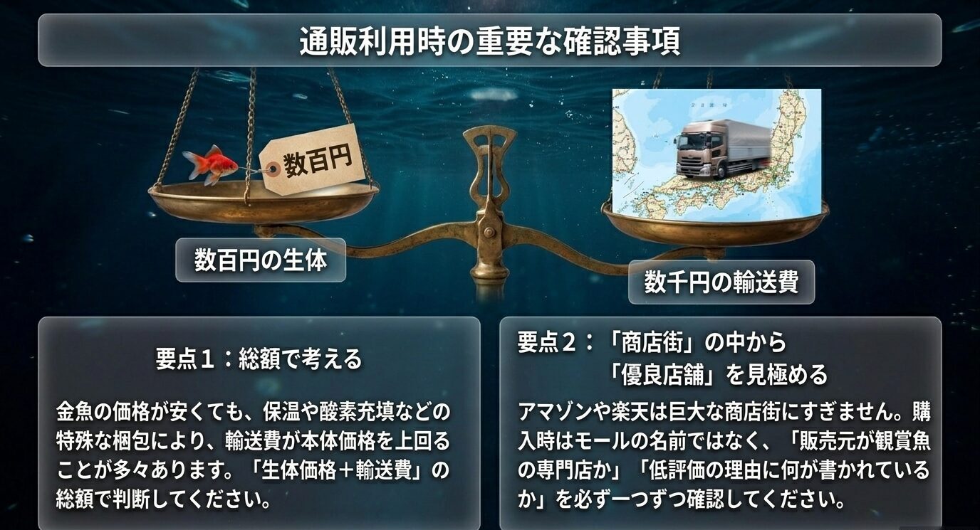 金魚の生体価格と輸送費を合算して総額を確認し、大手ネットモールでは販売元の専門性や評価を確認するポイント