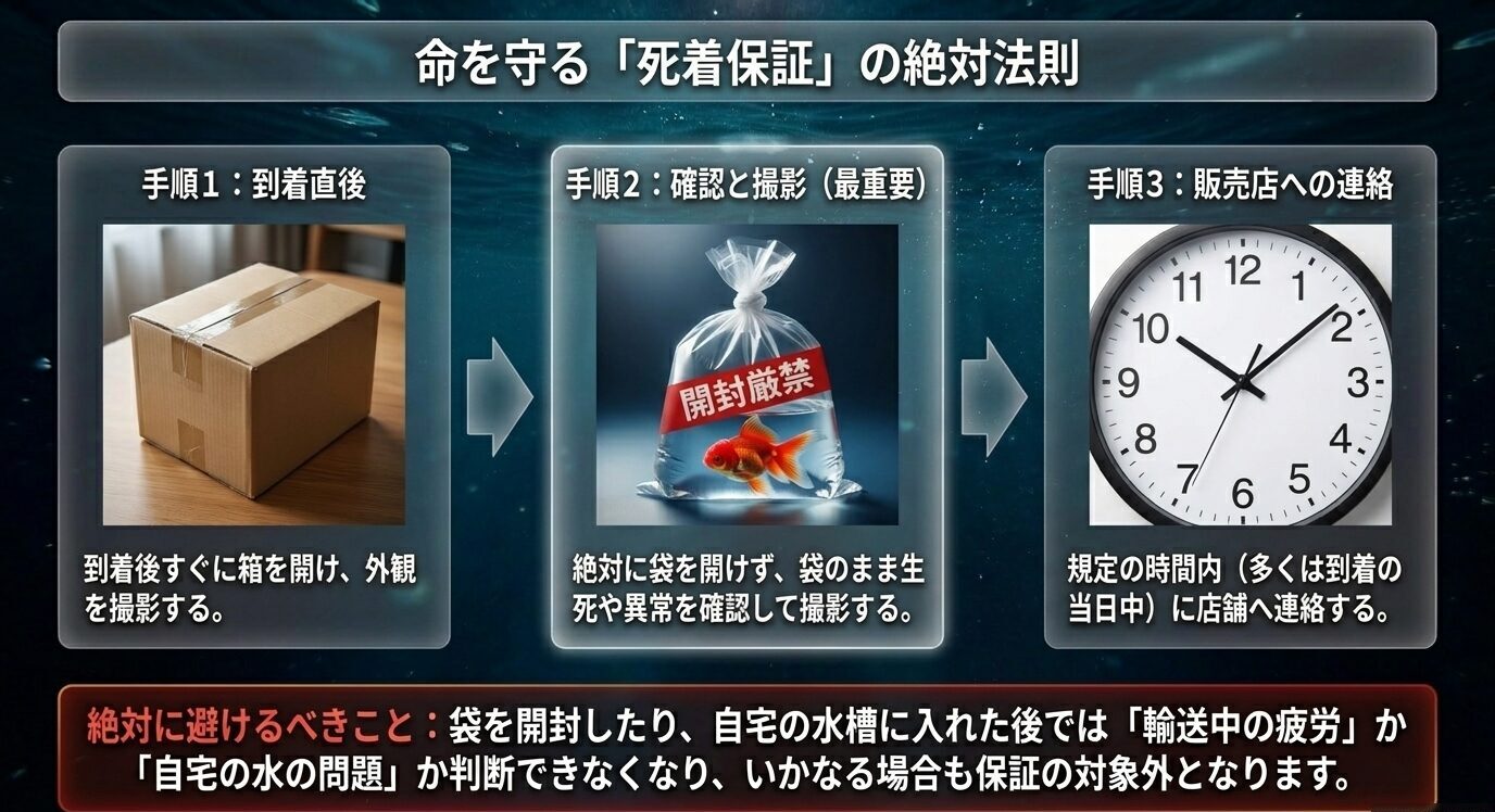 金魚の到着後に箱を確認し、袋を開けずに生死を撮影して規定時間内に販売店へ連絡する手順