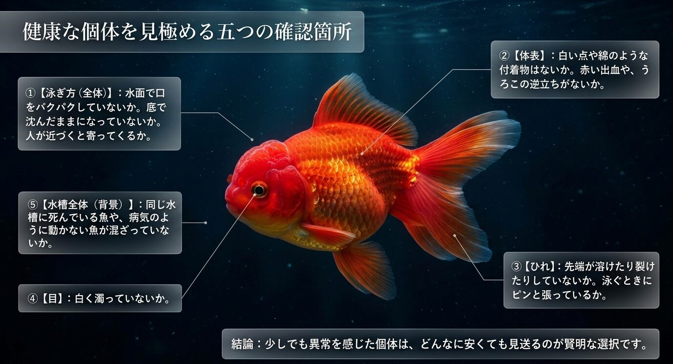 金魚の泳ぎ方、体表、ヒレ、目、同じ水槽にいる魚の状態を確認する健康チェック図