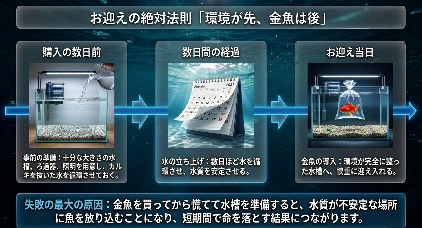 金魚を購入する数日前に水槽とろ過器を準備し、数日間水を循環させてから迎え入れる流れ
