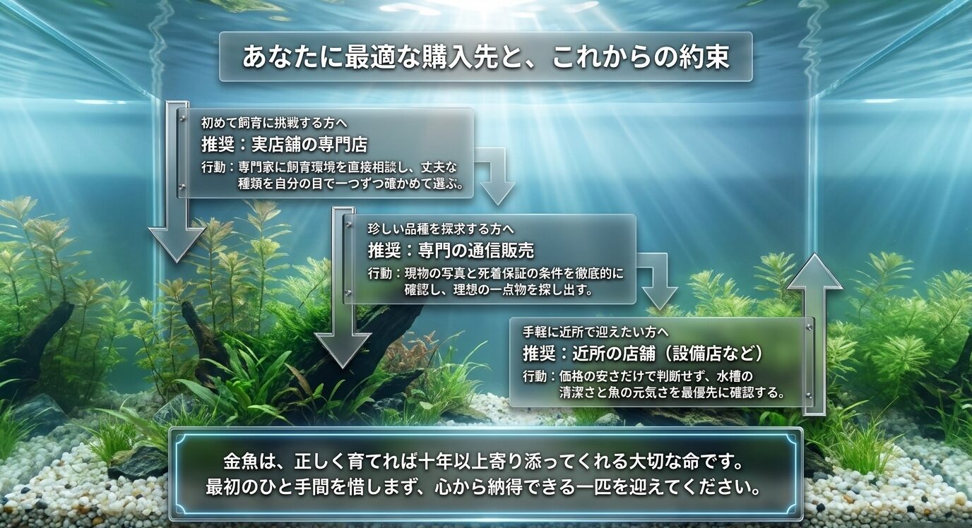初心者には実店舗の専門店、珍しい品種には専門通販、手軽さを重視する場合には近所の店舗を勧める購入先の選び方