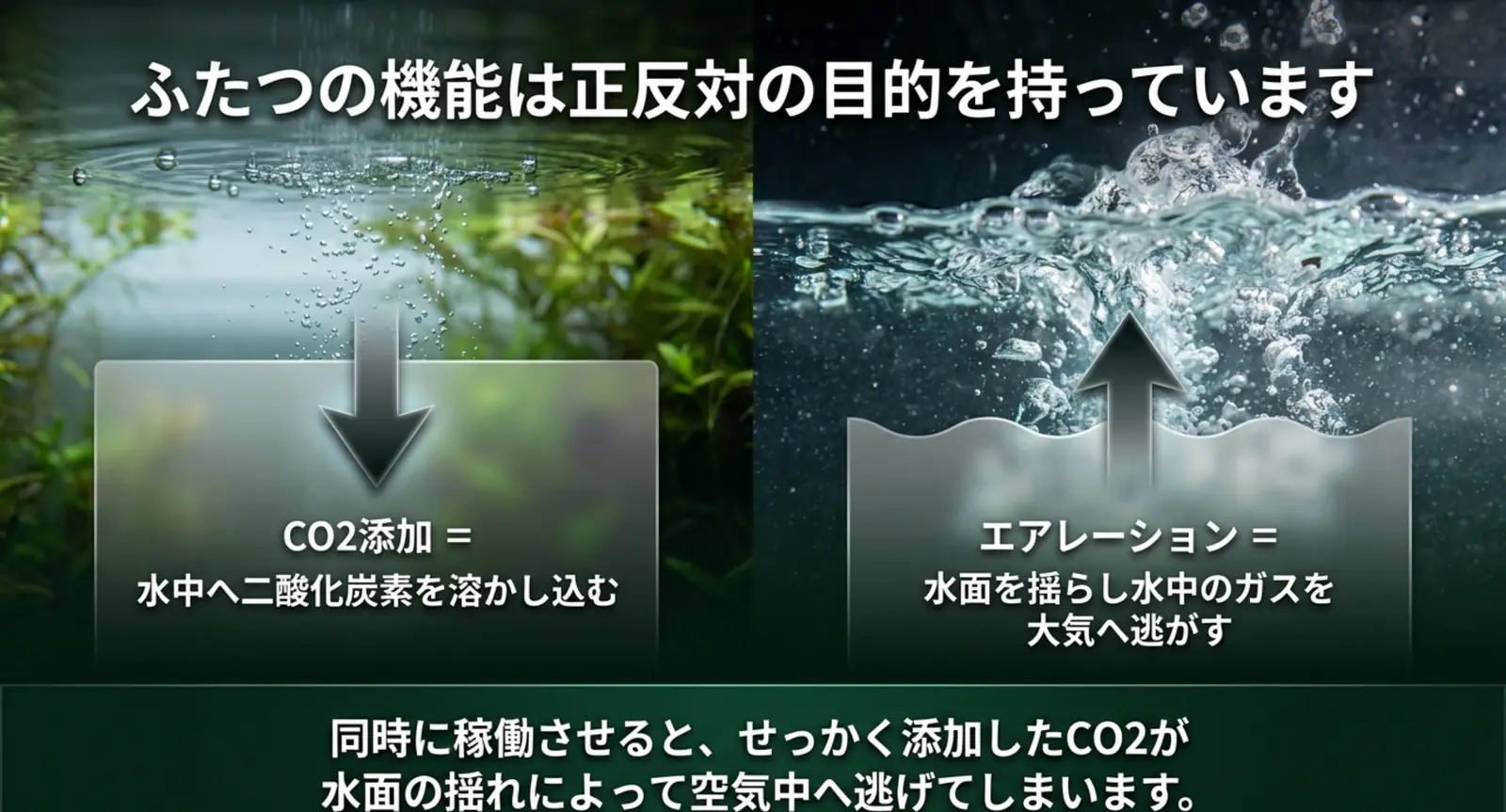 CO2添加が二酸化炭素を溶かし込み、エアレーションが水中のガスを大気へ逃がすことを対比した図