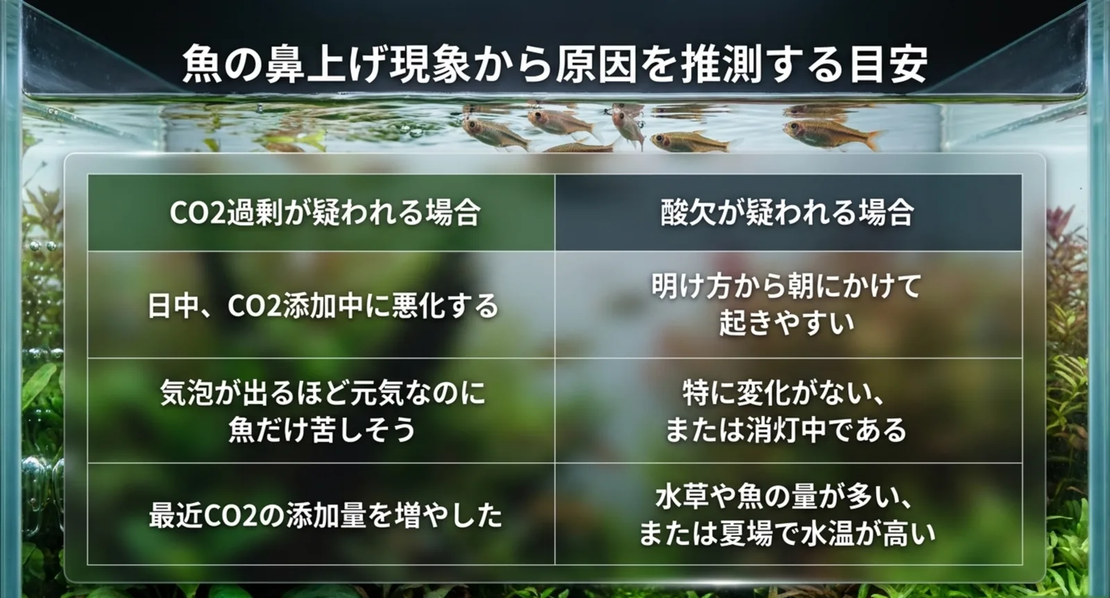 魚の鼻上げがCO2過剰か酸欠かを、時間帯や設定変更の有無から推測する比較表