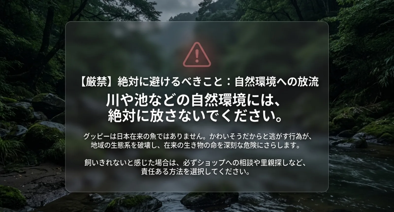 グッピーを自然環境へ放流してはいけない理由を示した図
