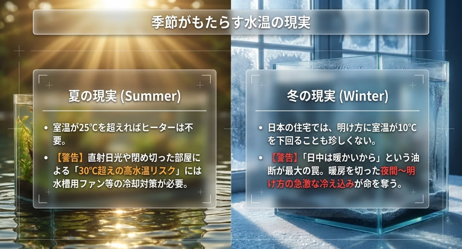 夏と冬でグッピーの水槽が置かれる水温環境の違いを示したイメージ図