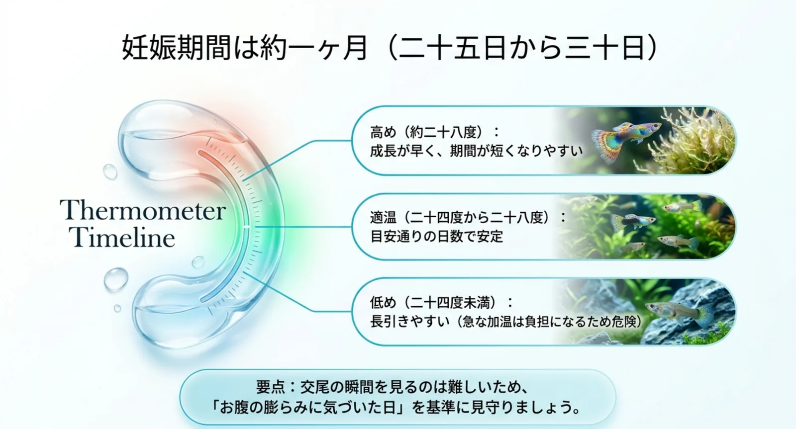 グッピーの妊娠期間の目安と水温による違いを示した図