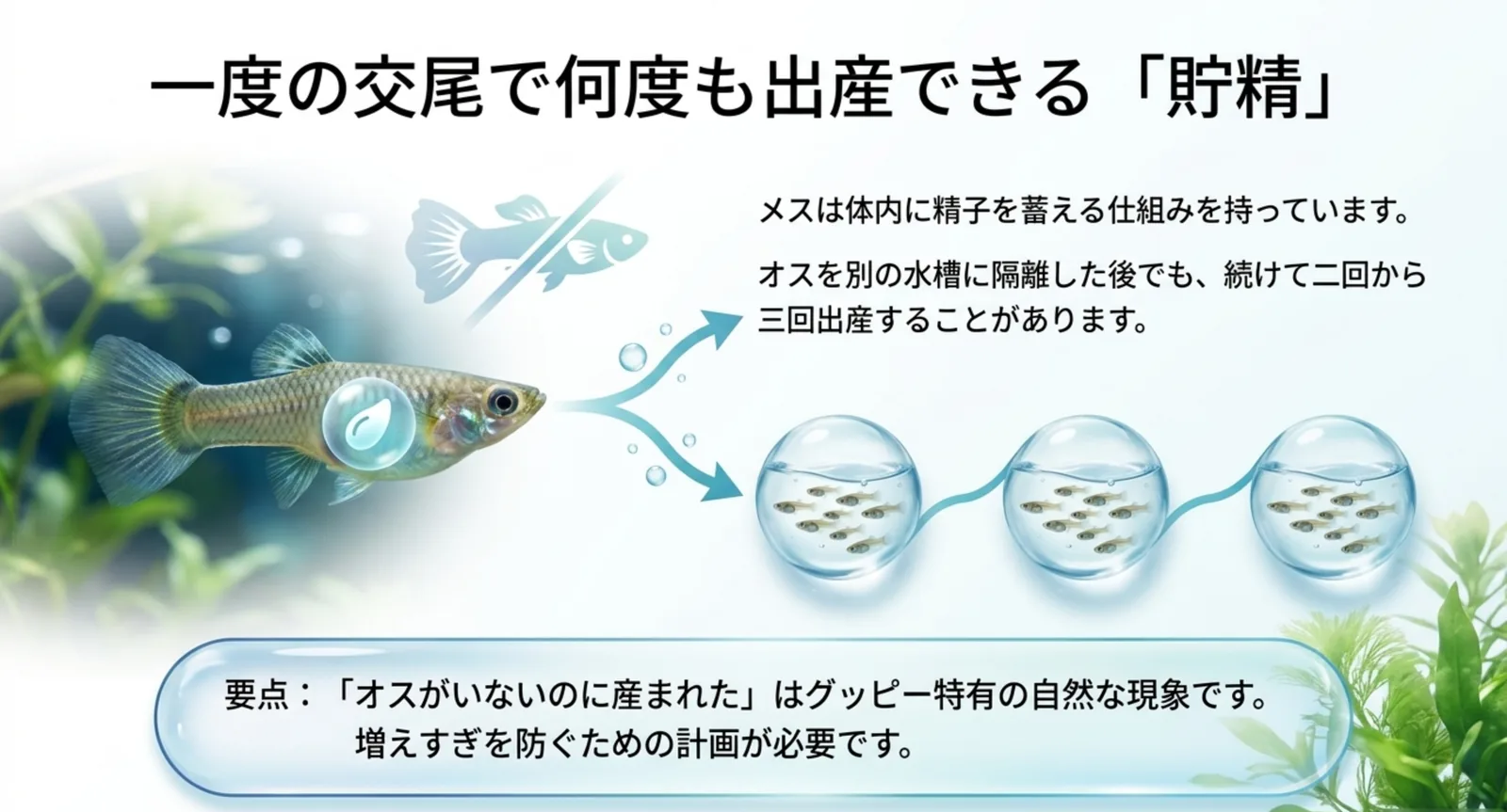 グッピーの貯精でオスがいなくても出産する仕組みの図