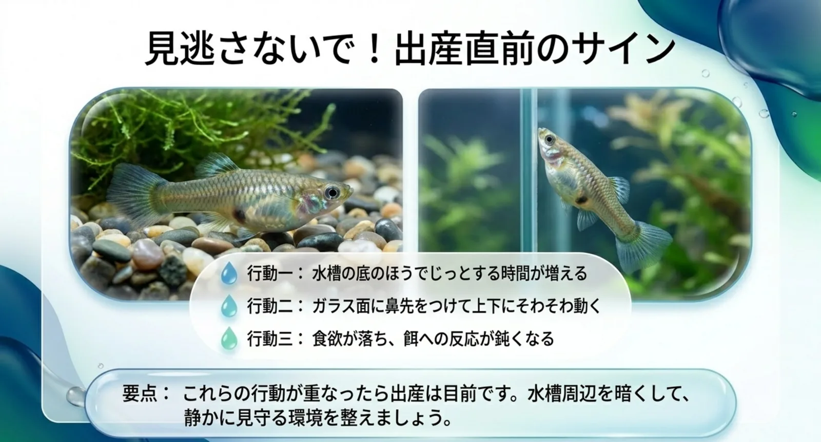 グッピーの出産直前の行動サインを示した図