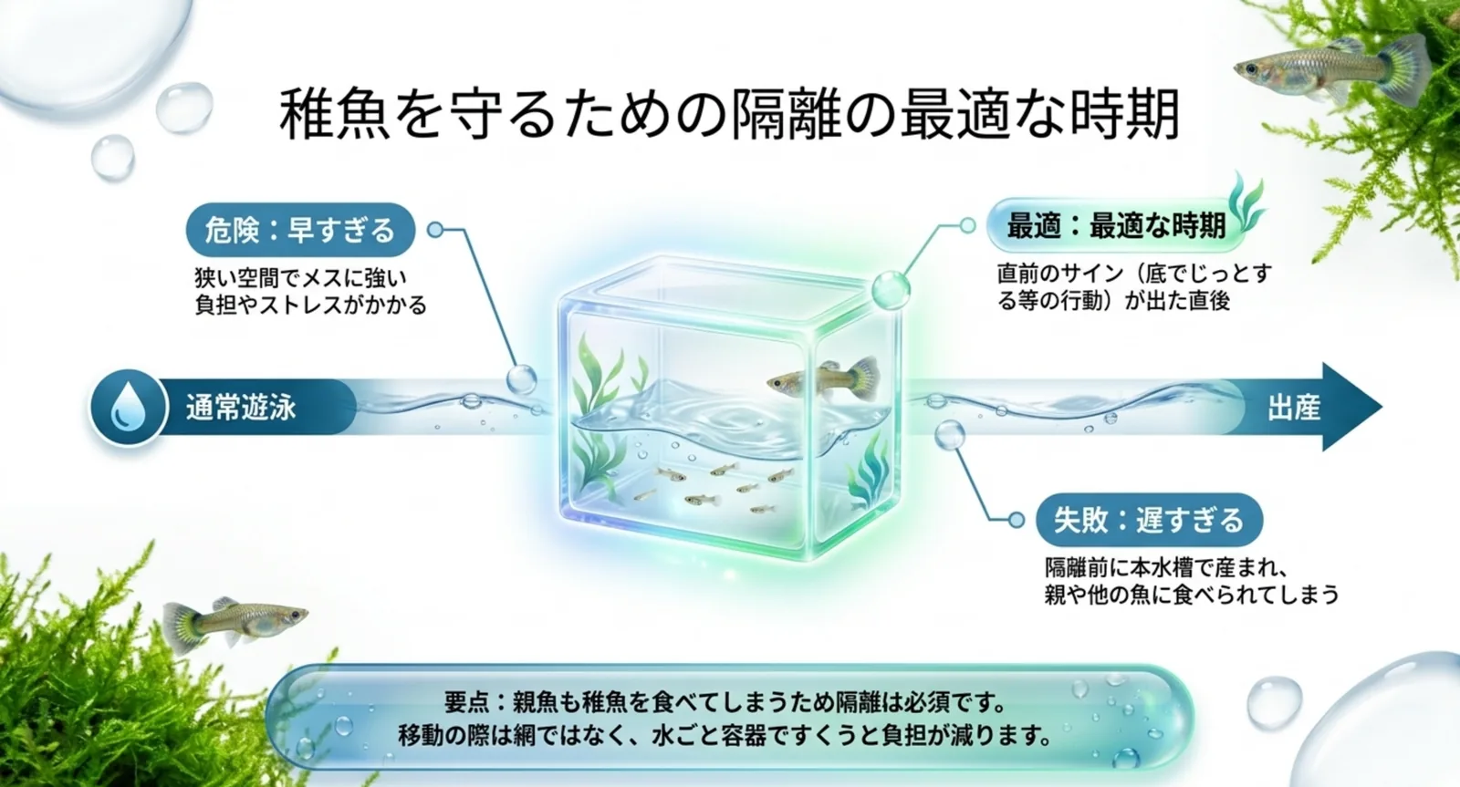 グッピーの稚魚を守る産卵ケース隔離のタイミング図