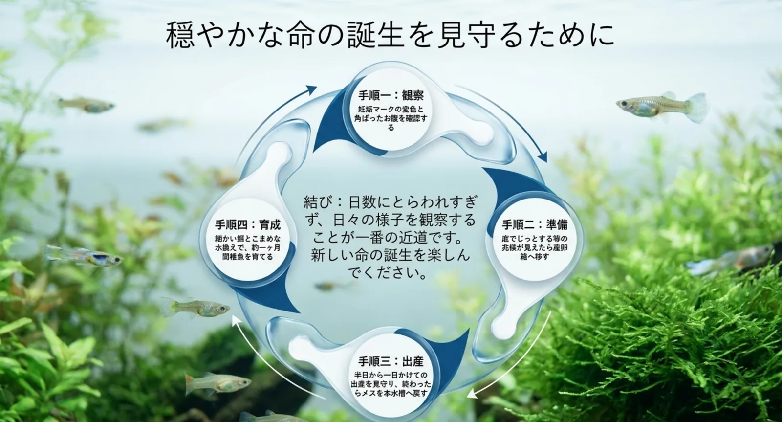 グッピーの妊娠・出産を見守る手順のまとめ図