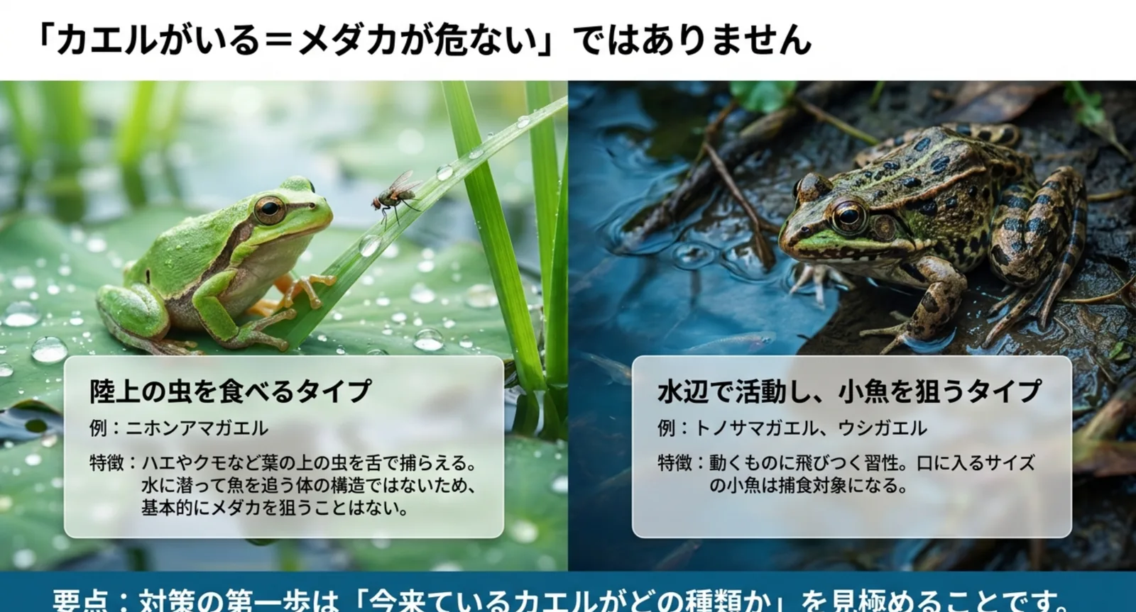 葉の上で虫を狙うニホンアマガエルと、水辺にいるトノサマガエルを並べて比較した図