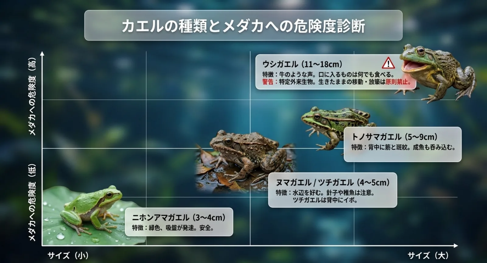 ニホンアマガエルからウシガエルまで、体の大きさとメダカへの危険度の関係を示した図