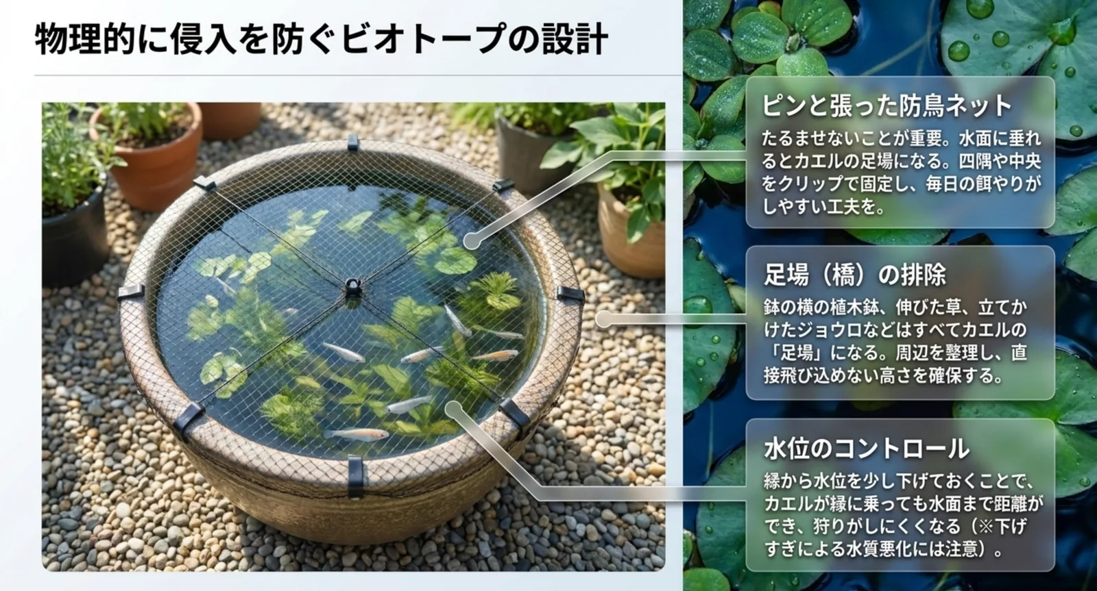 睡蓮鉢にピンと張った防鳥ネットをかけ、周囲の足場を片づけた設置例の図