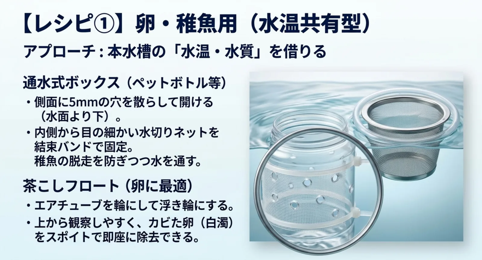 ペットボトルに穴をあけた通水式ボックスと、茶こしを浮かべた卵用の隔離ケースの作り方