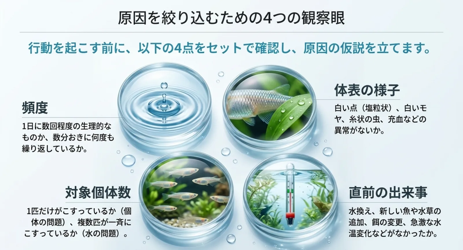 頻度・体表の様子・対象個体数・直前の出来事という4つの確認項目を並べた図
