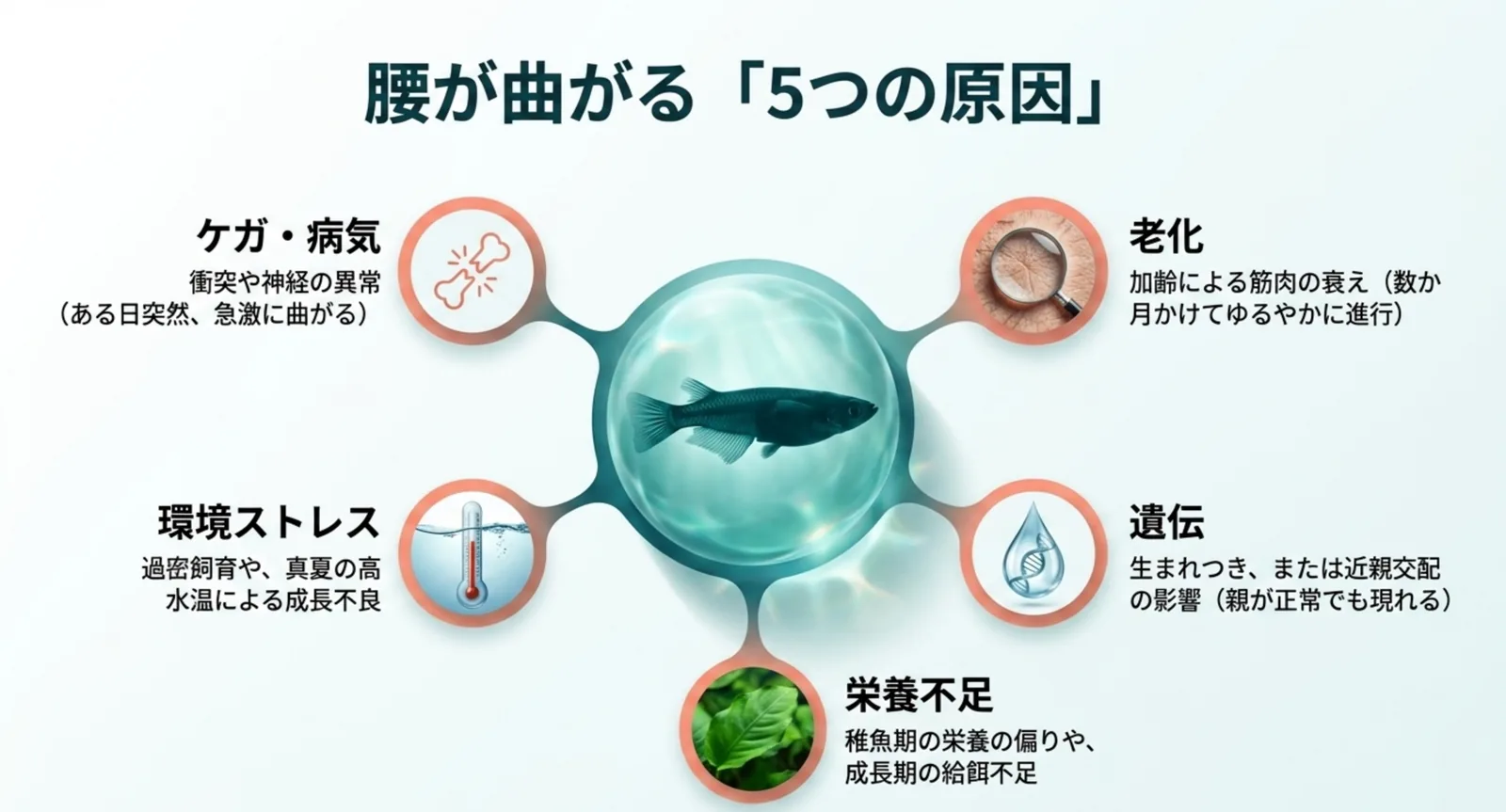老化・遺伝・栄養不足・環境ストレス・ケガや病気という5つの原因をまとめた図