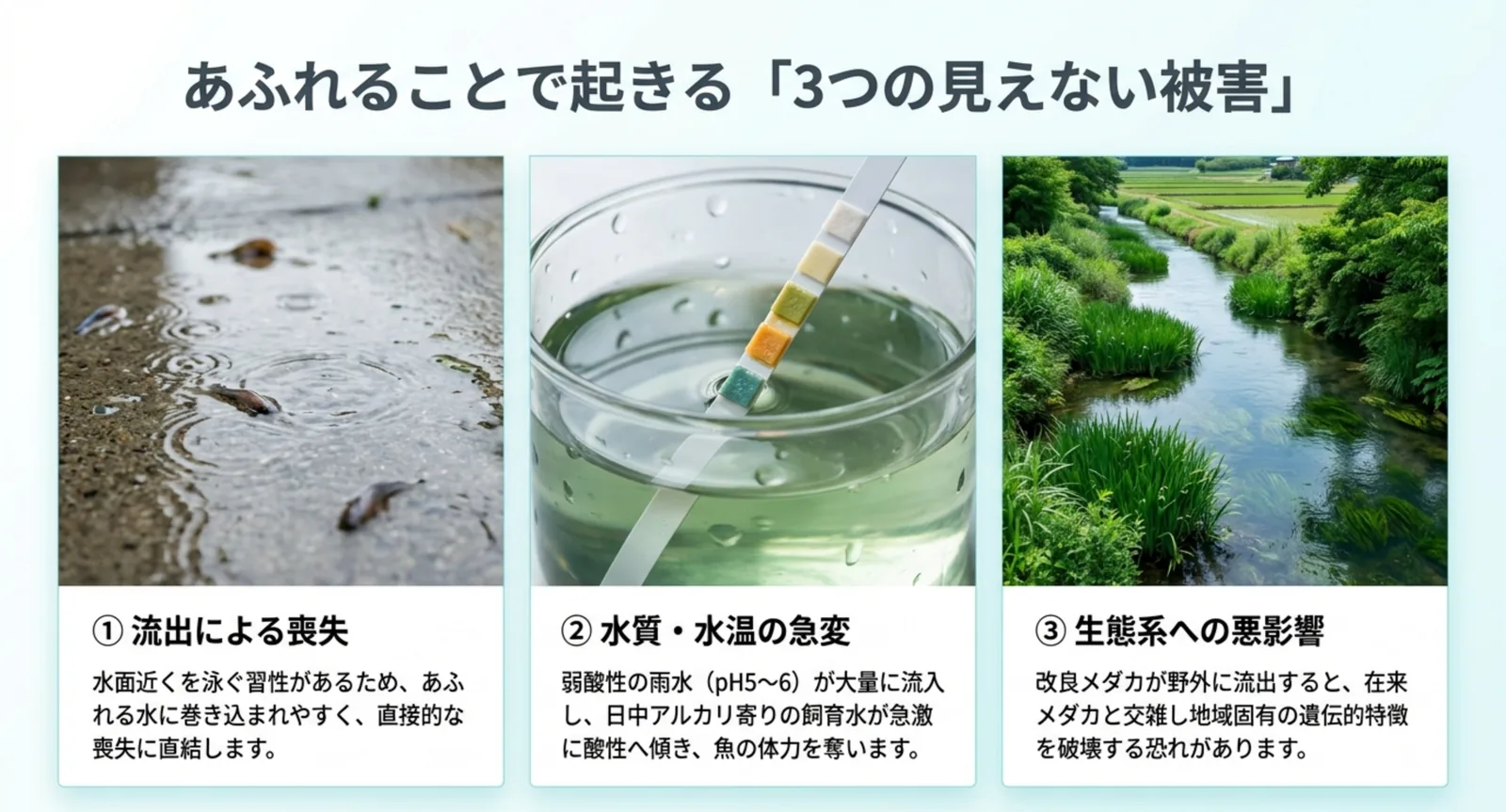 流出・水質と水温の急変・生態系への影響という3つの被害を写真とともに並べた図