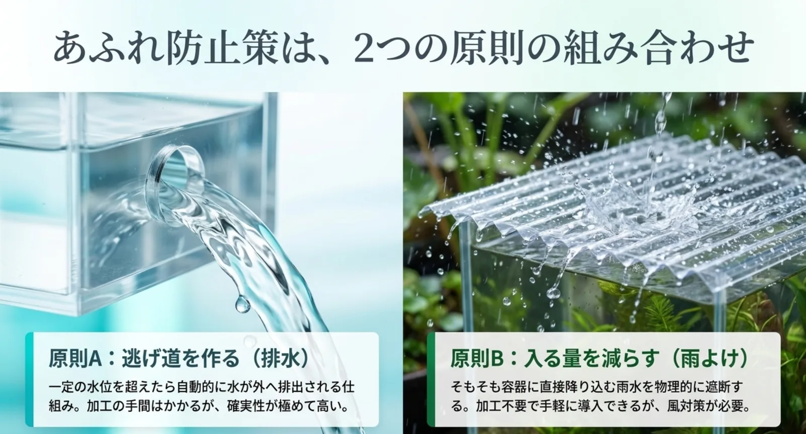 排水口から水が流れ出る様子と波板で雨を遮る様子を並べ、あふれ防止の2つの原則を示した図