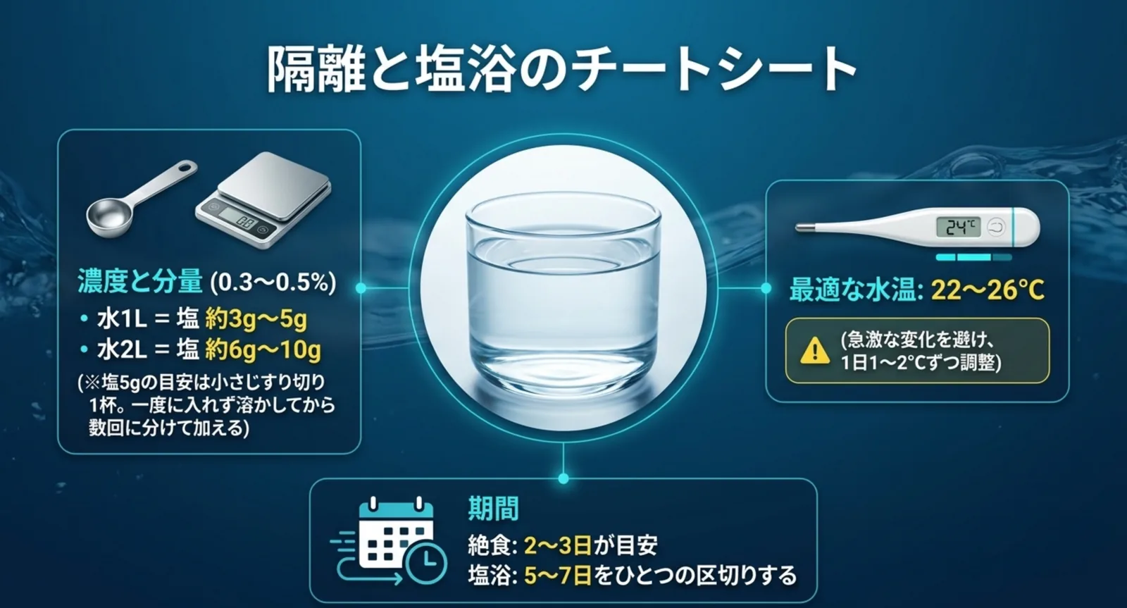 塩の分量と濃度、適した水温、絶食と塩浴の期間をまとめた早見図