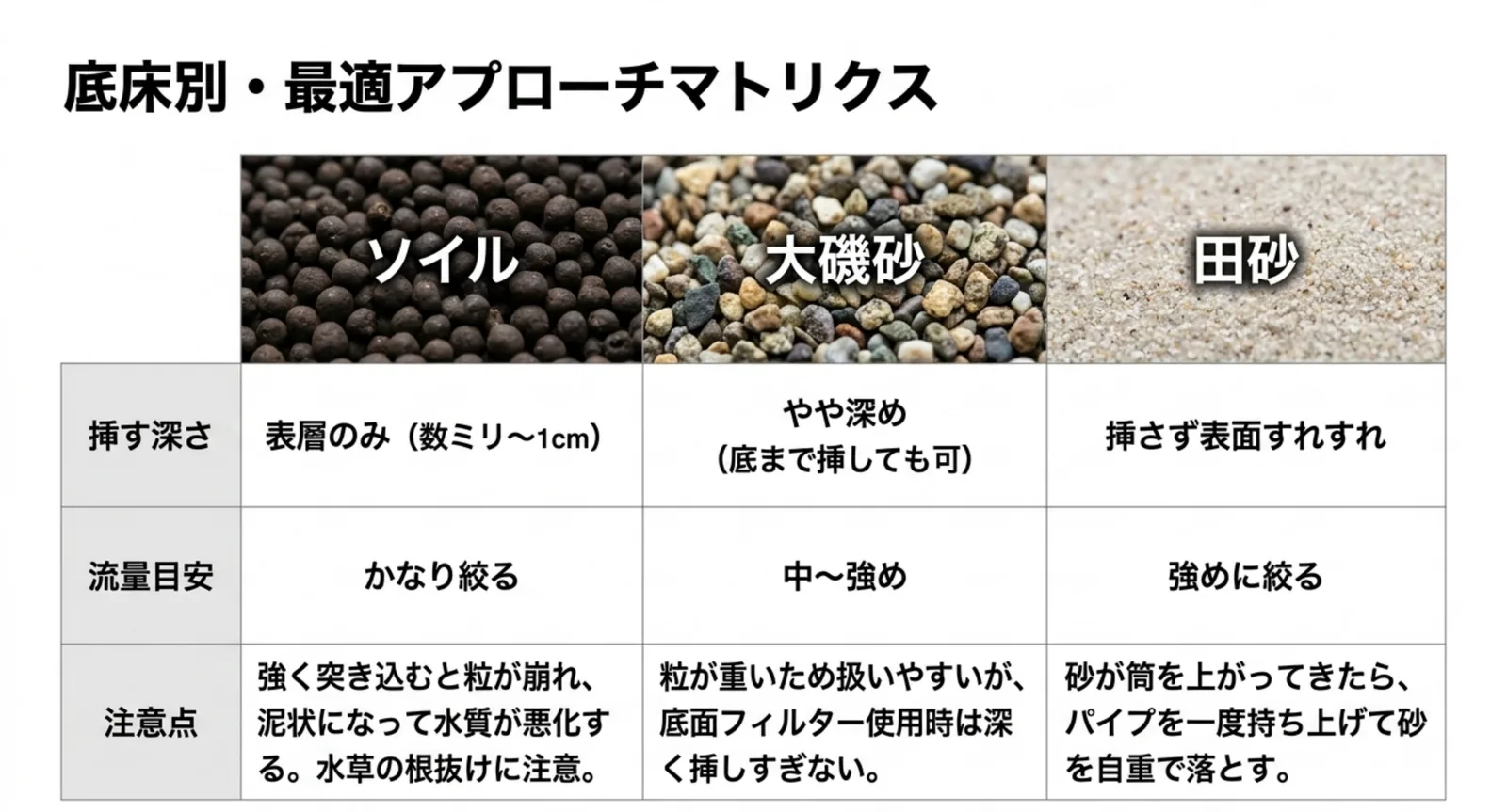 ソイル・大磯砂・田砂ごとの挿す深さ、流量の目安、注意点をまとめた比較表