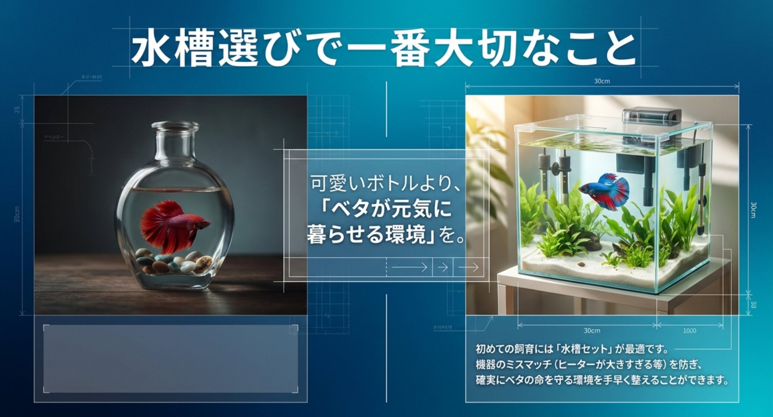 小さなボトルのベタと、機器がそろった水槽セットのベタを並べて比較したスライド
