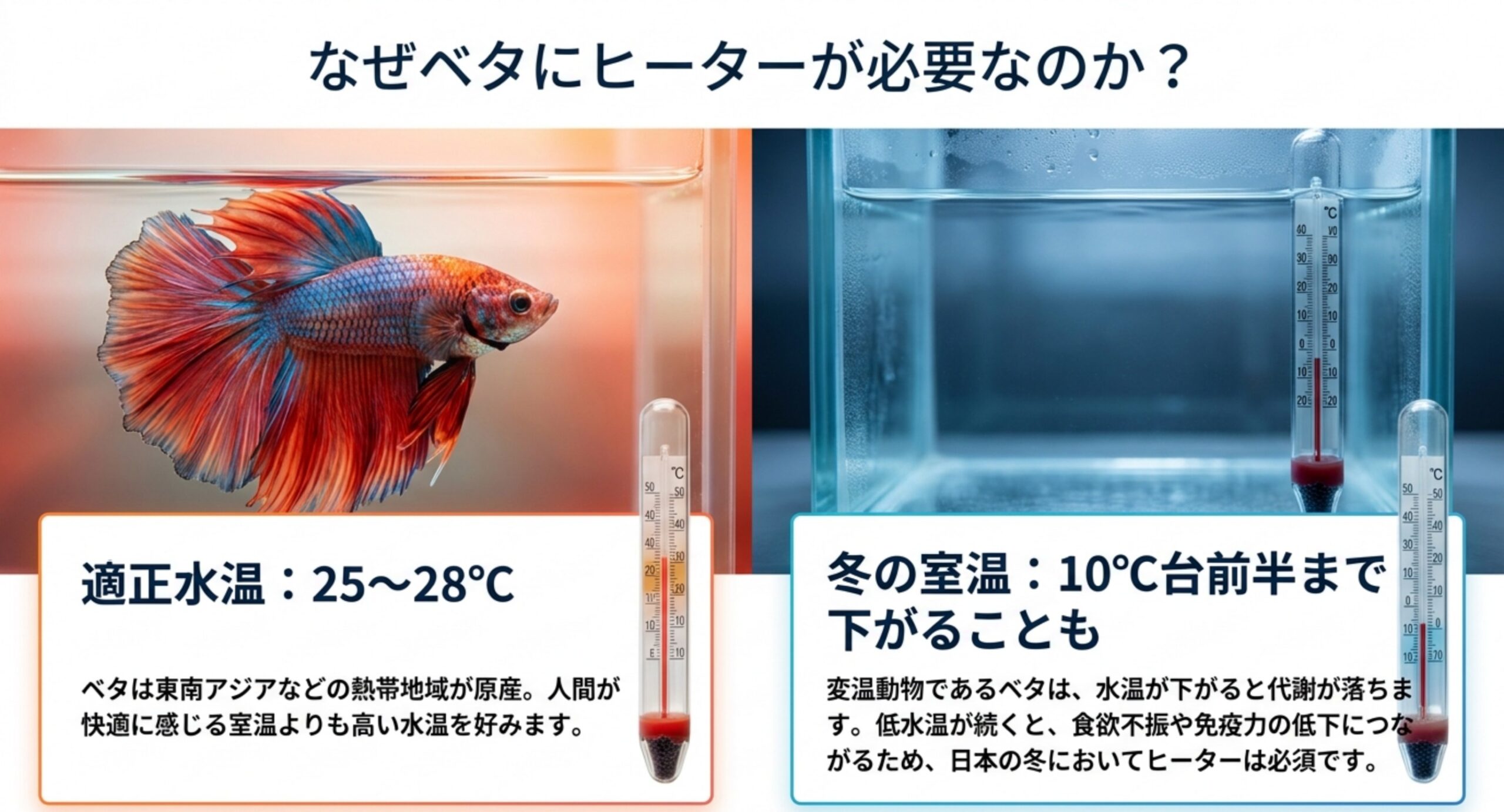 ベタの適正水温25〜28℃と、冬の室温が10℃台前半まで下がることを水温計で比較したスライド