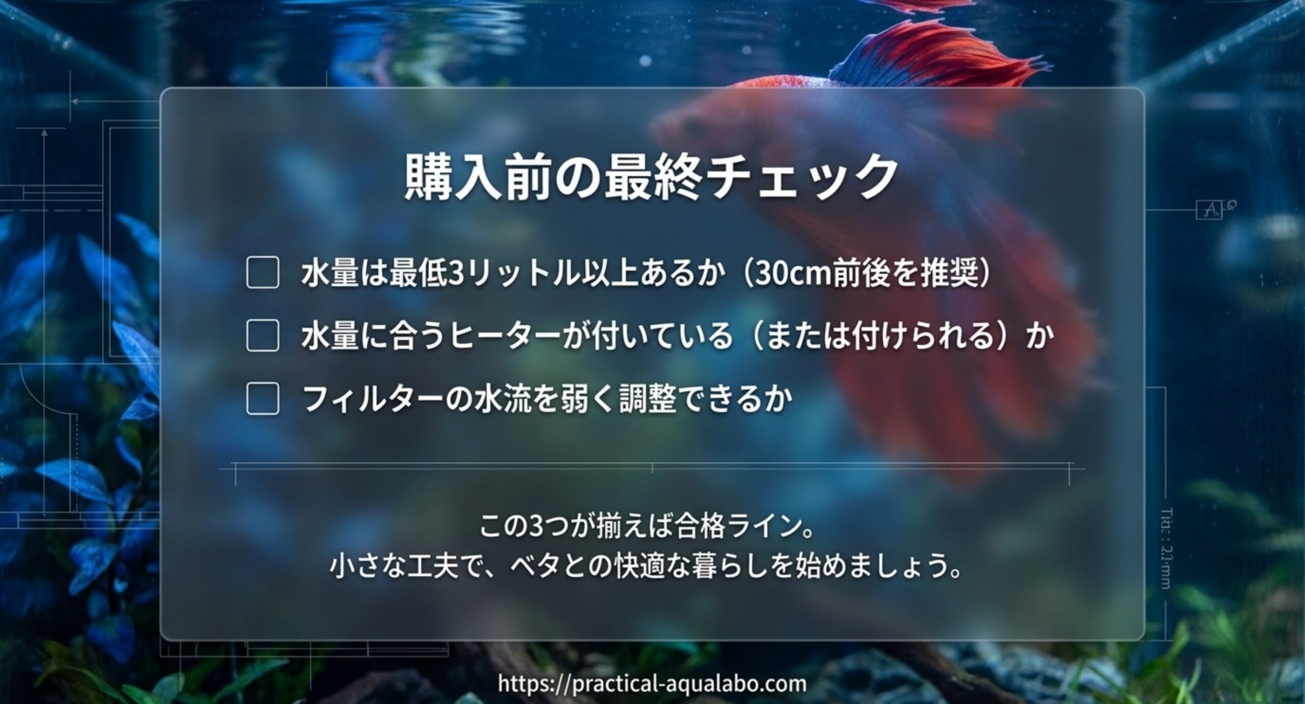 水量・ヒーター・水流の3点を確認するベタ水槽セット購入前のチェックリストのスライド