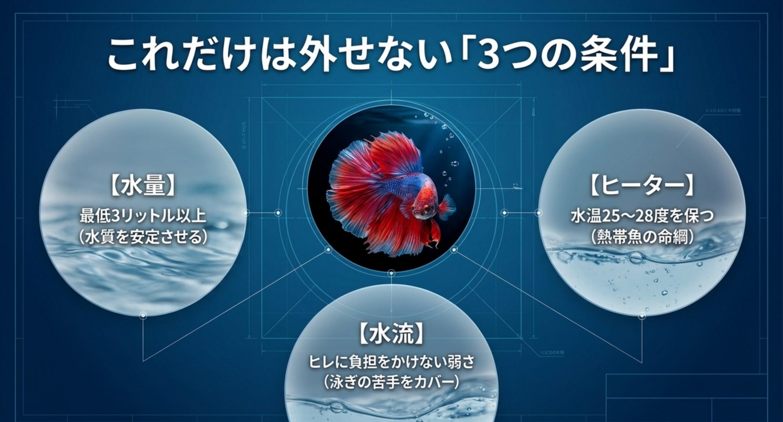 水量・ヒーター・水流というベタ飼育で外せない3つの条件を円形に並べた図解スライド